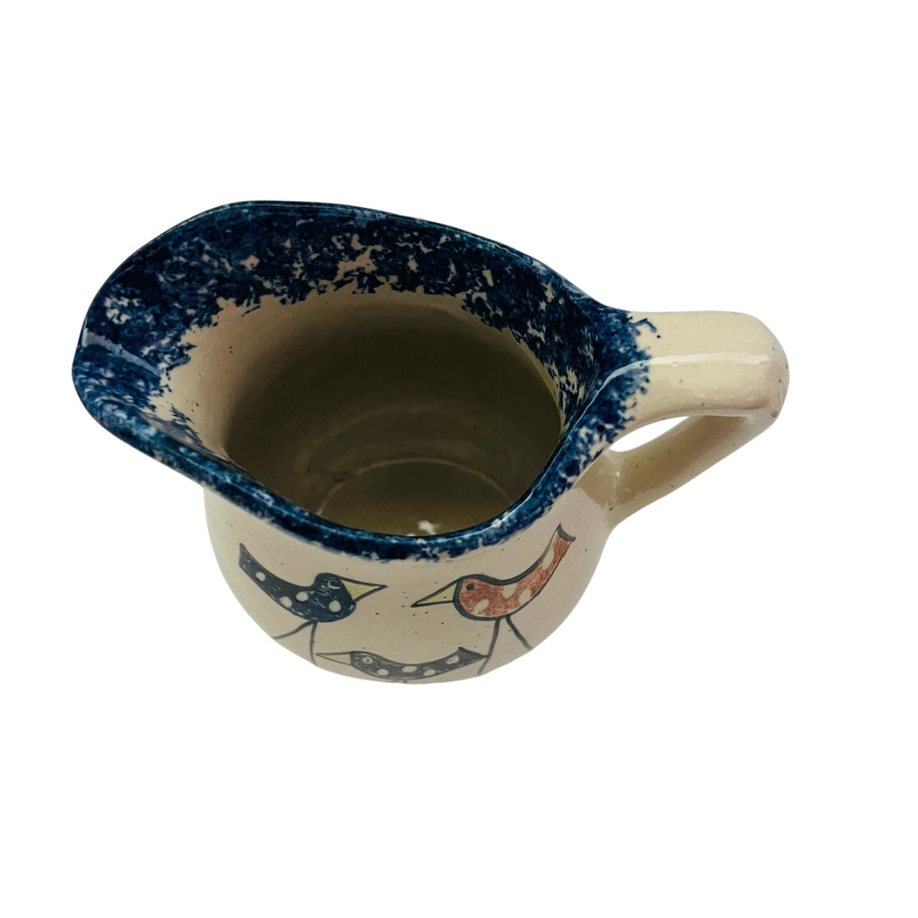 Three Bird Spongeware Handled Stoneware Pottery Pitcher