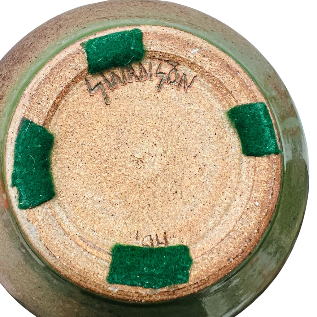 Vintage Art Pottery Signed Swanson Green Brown Glaze Vase