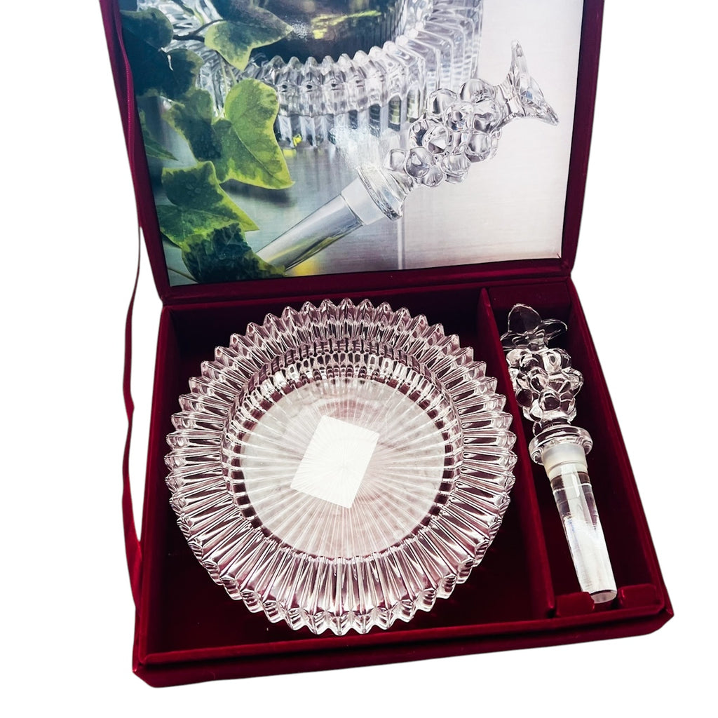 Vintage Mikasa Diamond Fire Crystal Coaster & Grape Bottle Champagne/Wine Set