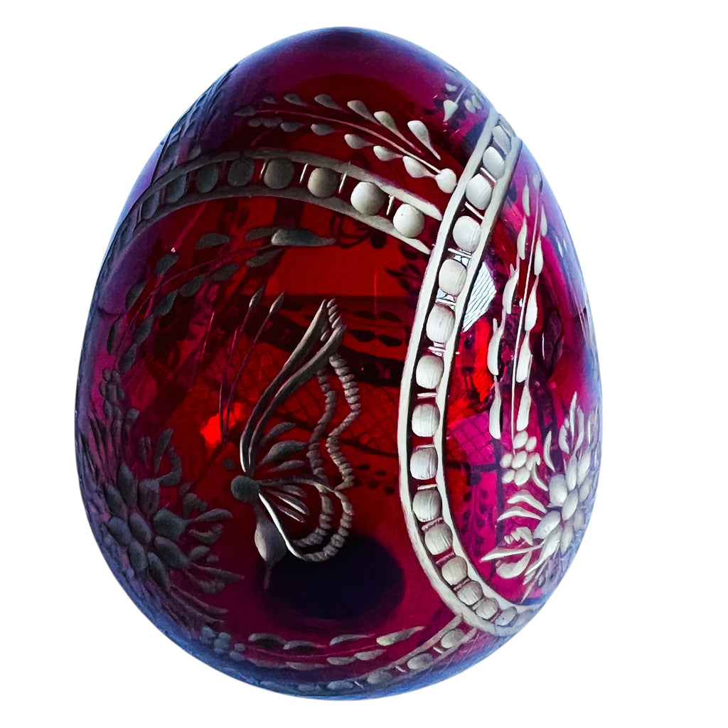 Vintage Faberge Style St. Petersburg Russia Ruby Red Etched Glass Egg