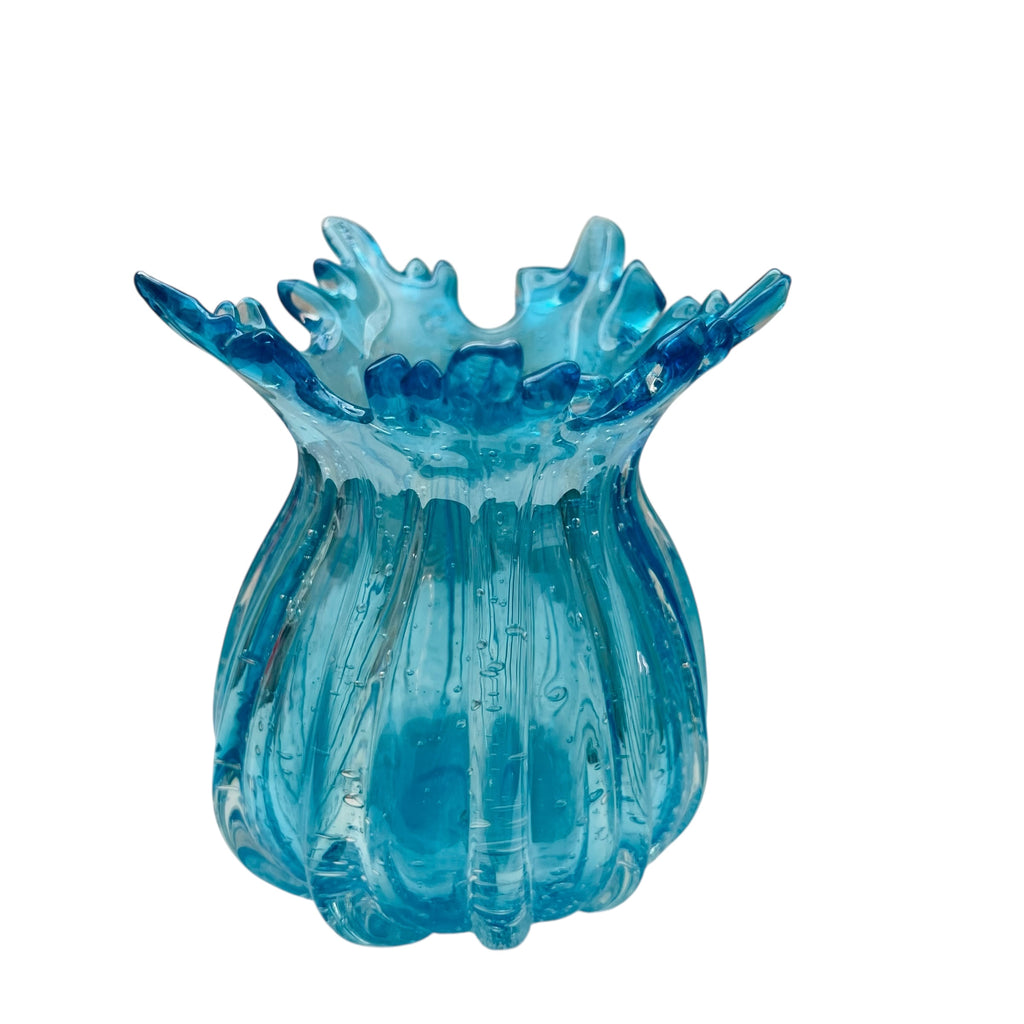 Vintage Hand Blown Aqua Blue Ribbed Rim Glass Vase