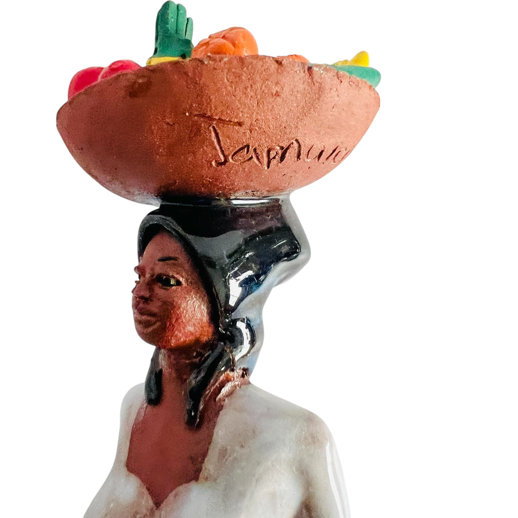 Vintage Jamaican Island Girl Sculpture Fruit Basket Caribbean Figure