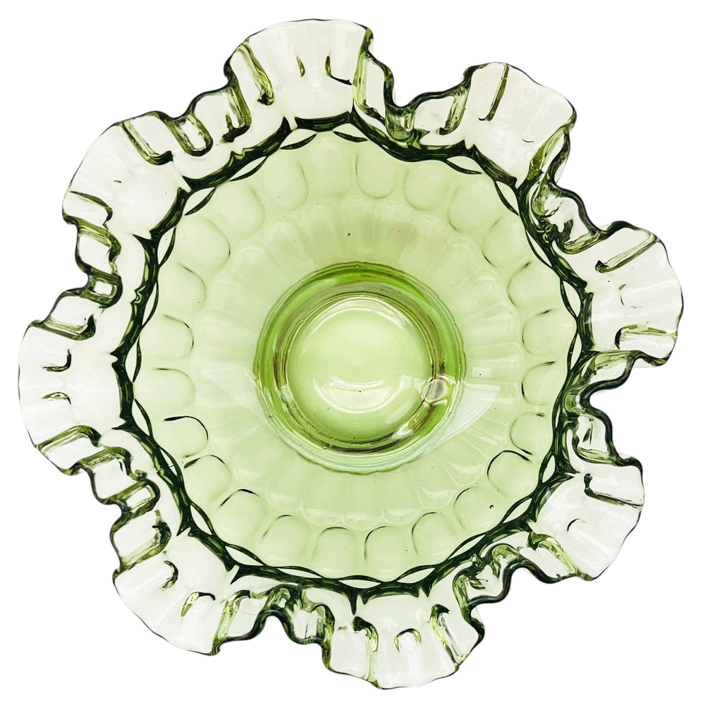 Vintage Fenton Colonial Green Thumbprint Round Ruffle Edge Bowl