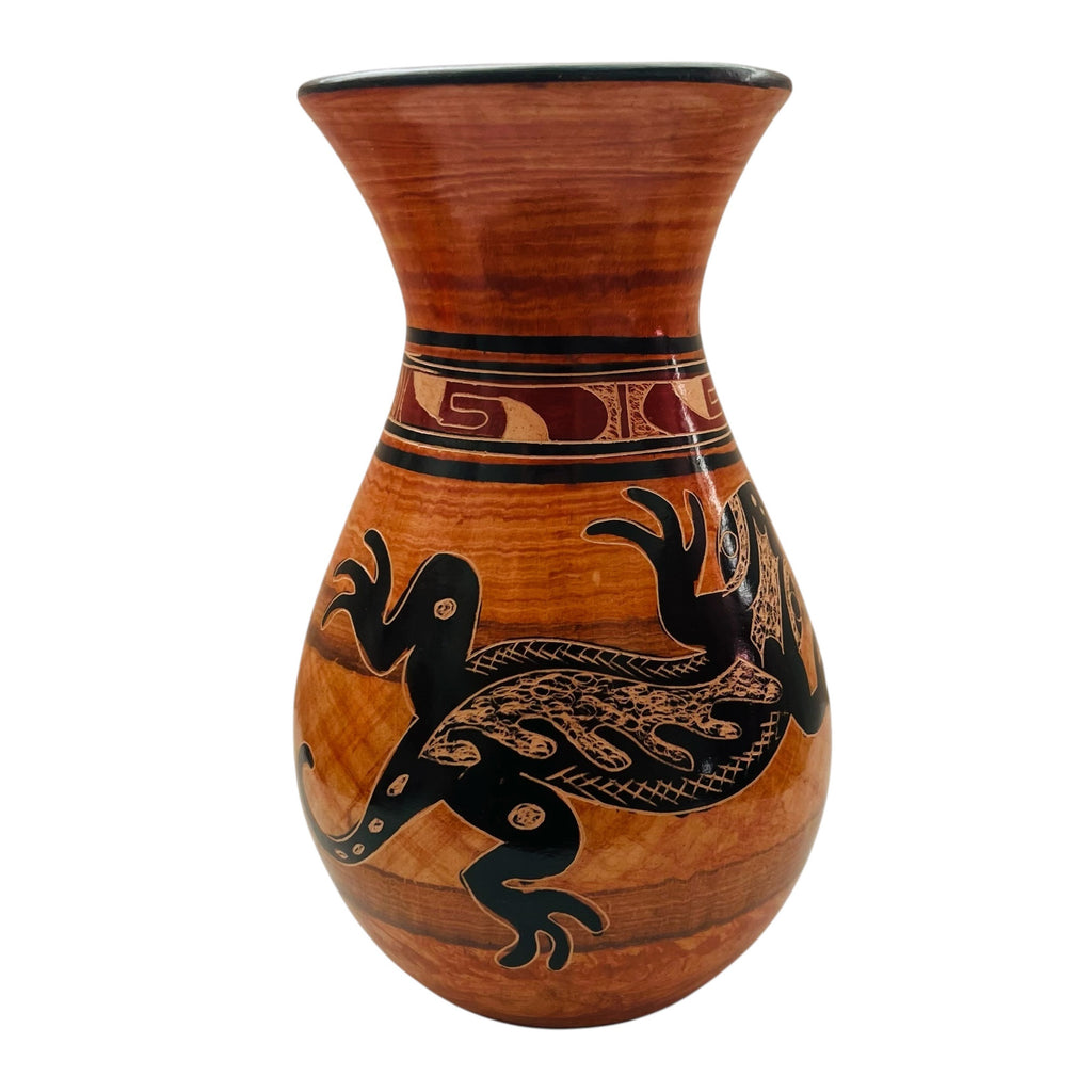 Costa Rica Pottery Carved Lizard Signed Vase