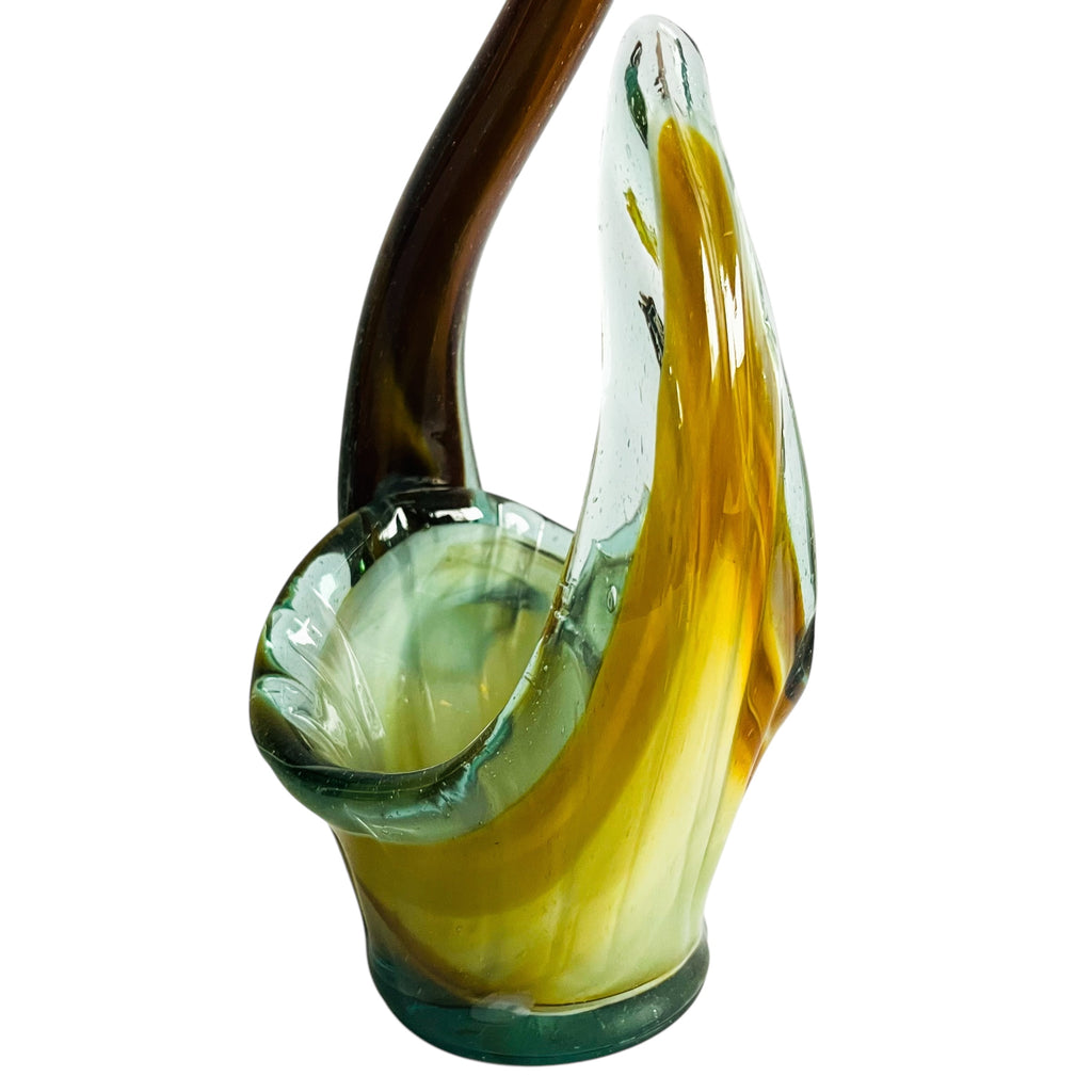 Vintage Glass Swan Basket Tall Hand Blown Green Brown Swirl Art Glass