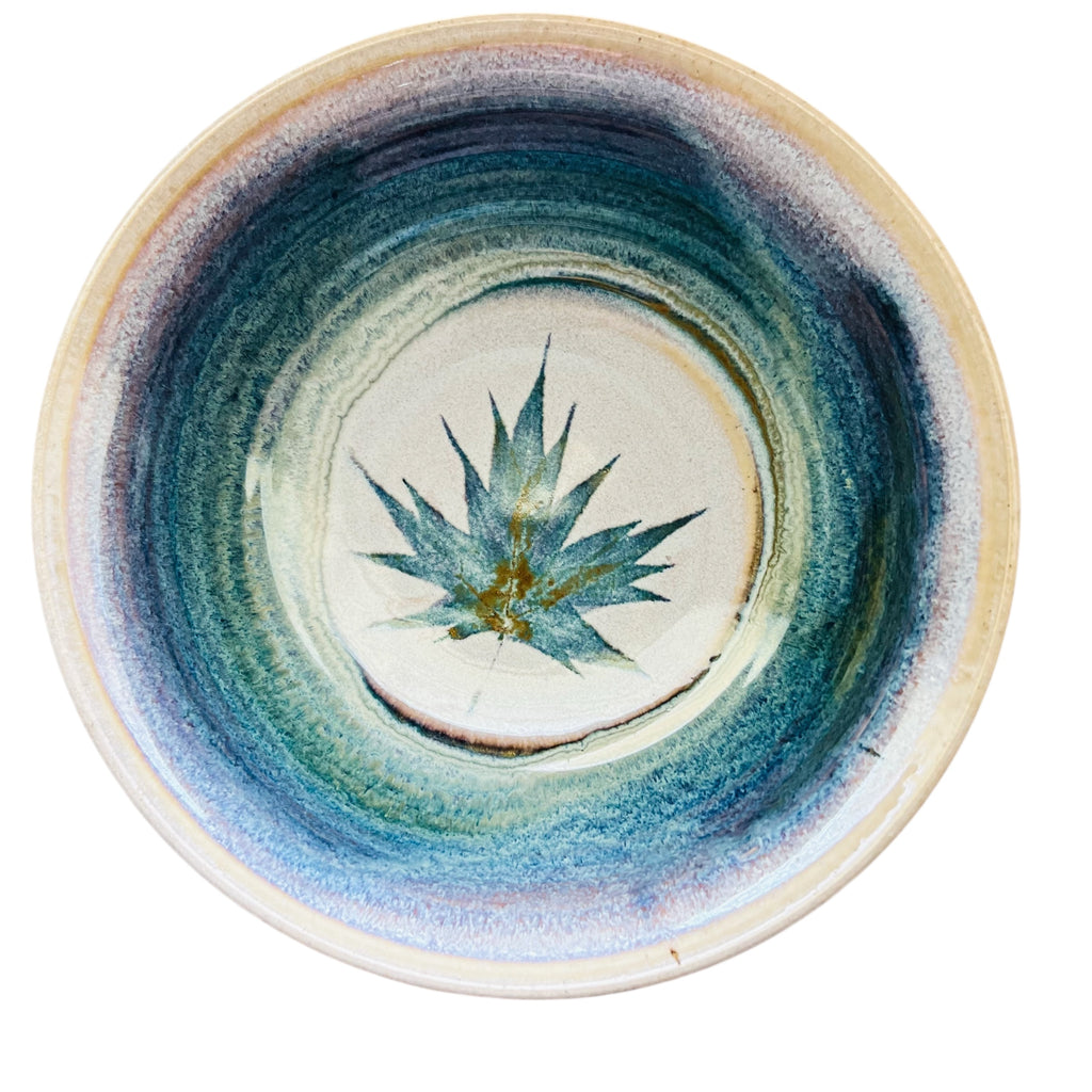 Artist Signed Handmade Purple Blue Hemp Leaf Design Serving Bowl