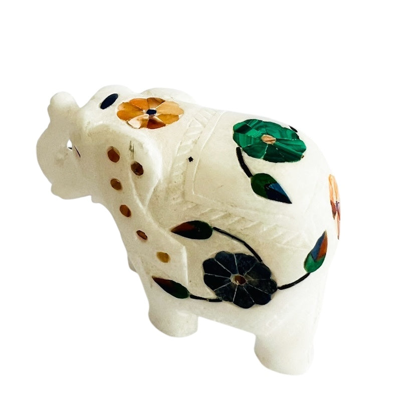 Vintage White Marble Elephant Sculpture Floral Gemstone Figurine
