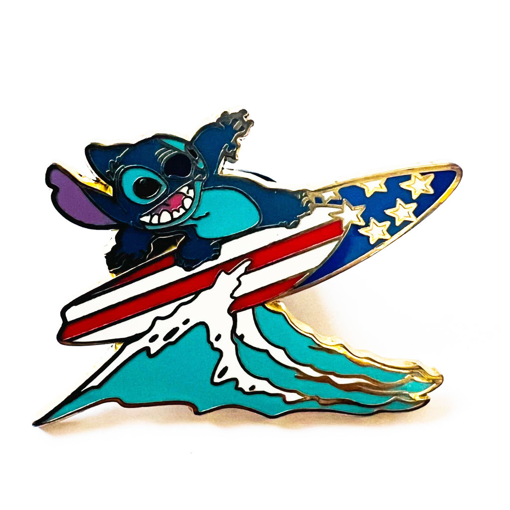 Disney Stitch America Stitch Surfing on a Patriotic Surfboard Pin
