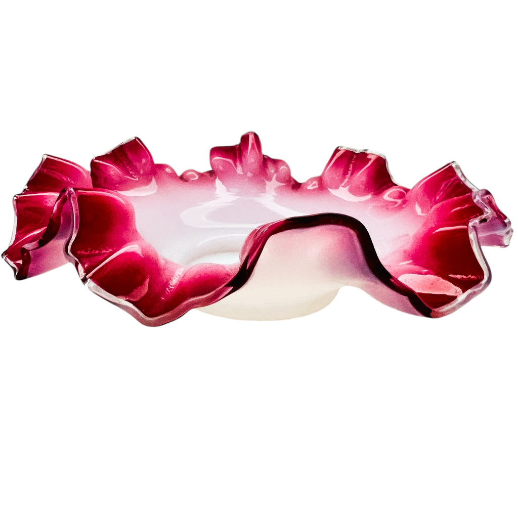 Vintage Fenton Ruffled Crimped Brides Basket Pink Ombre Milk Glass Bowl