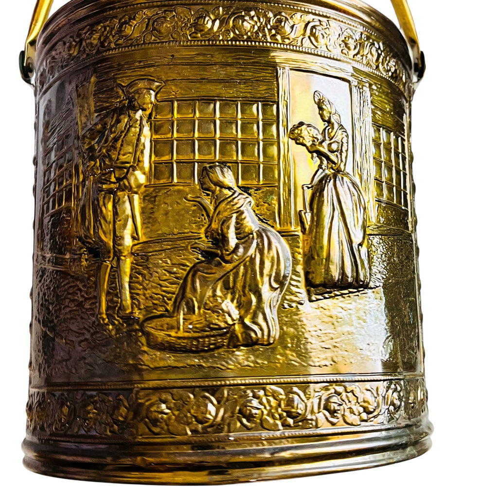 Vintage Brass Colonial Scene for Coal or Firewood Brass Bucket with Handle