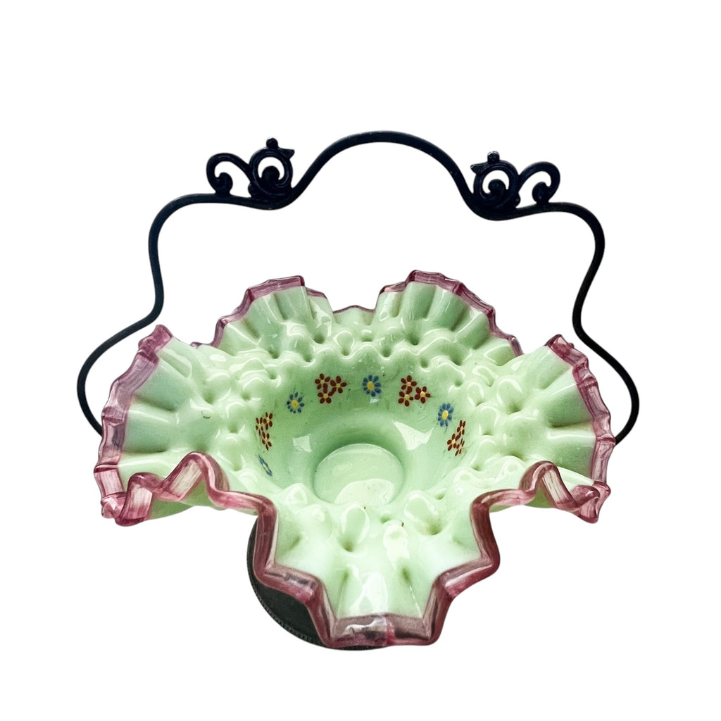 Antique Bridal Bowl With Holder St.Louis Silver Co Cased Glass Hand Painted Floral Design Ruffled Trim Basket