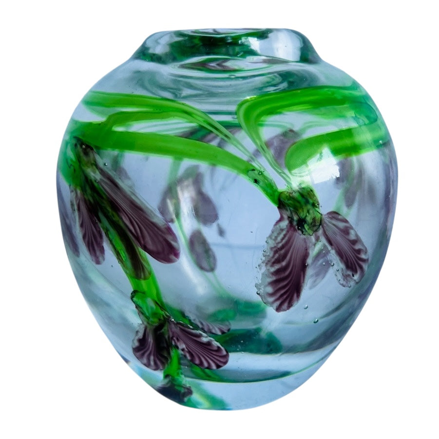 Vintage Daniel Salazar Purple Iris Blossom Florals Art Glass Cased Vase