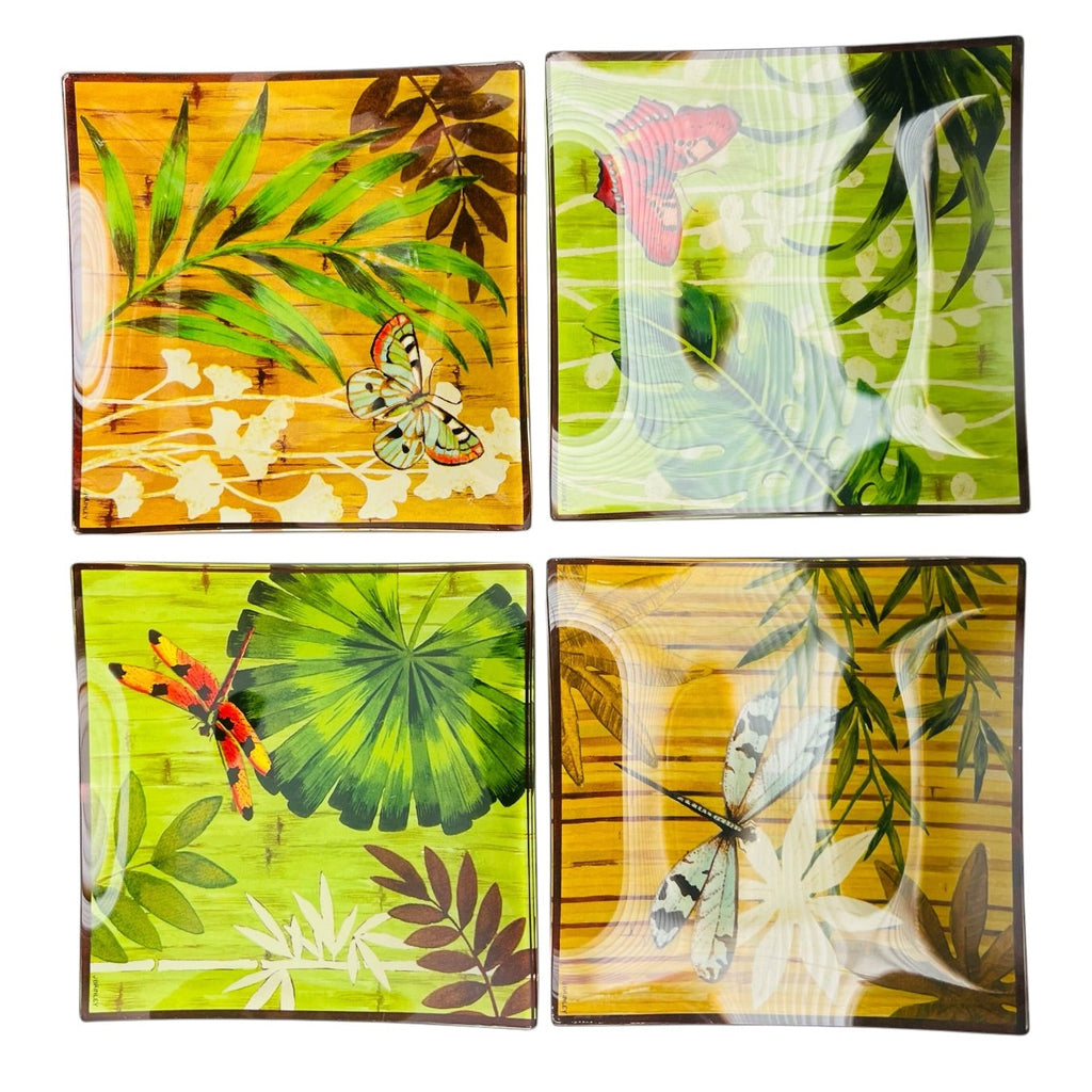 Vintage J Brinley Botanical Art Glass Hot Plate Tiles