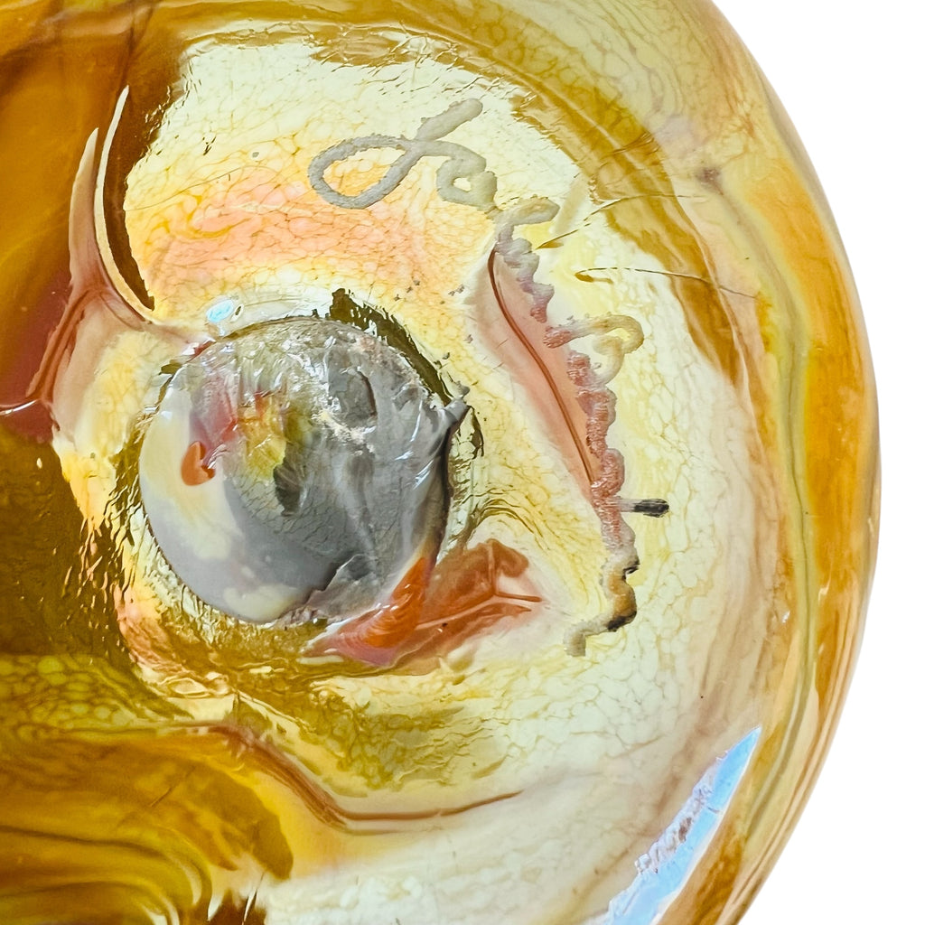 John Barber Art Glass Vessel Pulled Feather Iridescent Yellow Amber Signed Vase