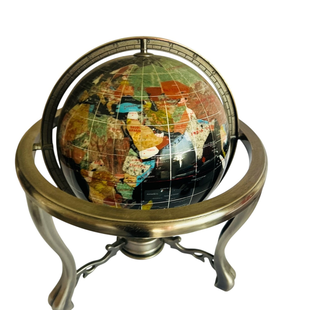 Black Onyx Gemstone Globe w/ Brushed Nickel 3 Legged Stand