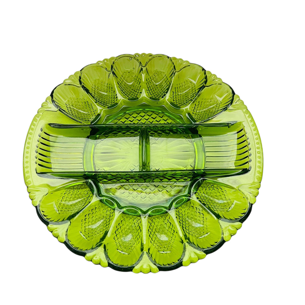 Vintage Deviled Egg Green Glass Divider Serving Platter