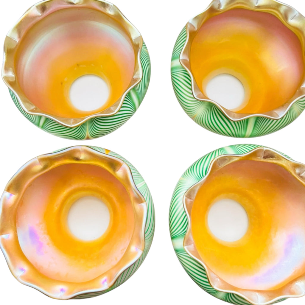Antique Steuben Decorated Art Glass Shades with Green Feathering Trimmed in Gold Aurene Set of 4