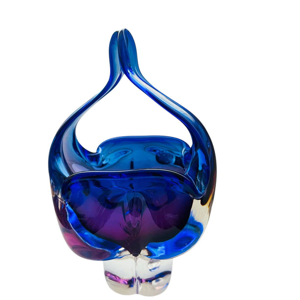 Vintage Czech Republic Art Bohemian Glass Hand Made Basket Bowl
