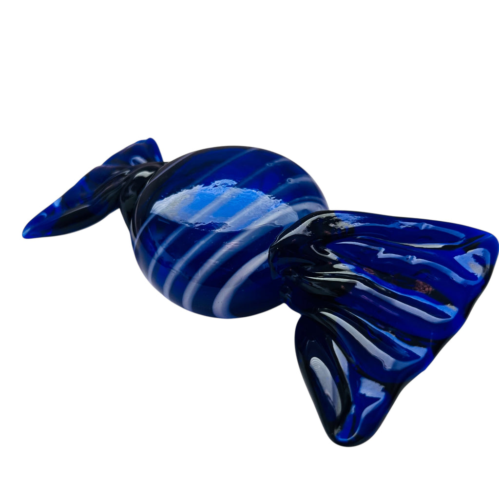 Vintage Cobalt Blue Hand Blown Wrapped Hard Candy Blue Clear Art Glass