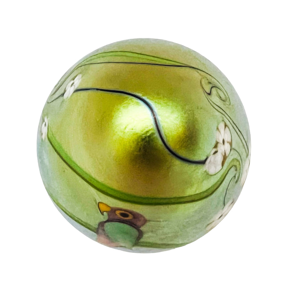 Orient & Flume Bird & Flowers Egg Shape Gold Art Glass Signed Paperweight