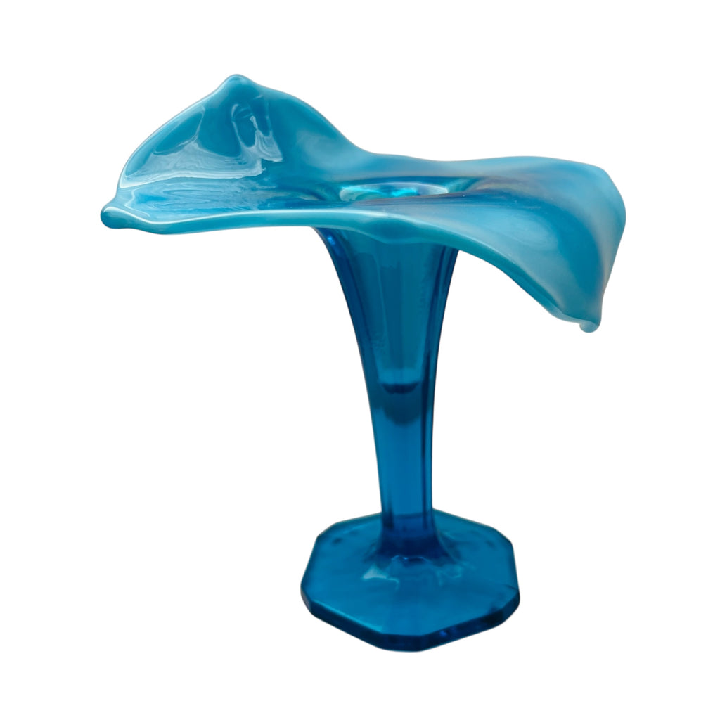 Vintage Opalescent Blue Art Glass Hexagon Base JIP Jack in Pulpit Vase