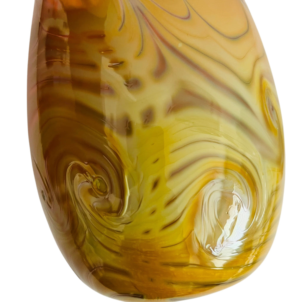 John Barber Art Glass Vessel Pulled Feather Iridescent Yellow Amber Signed Vase