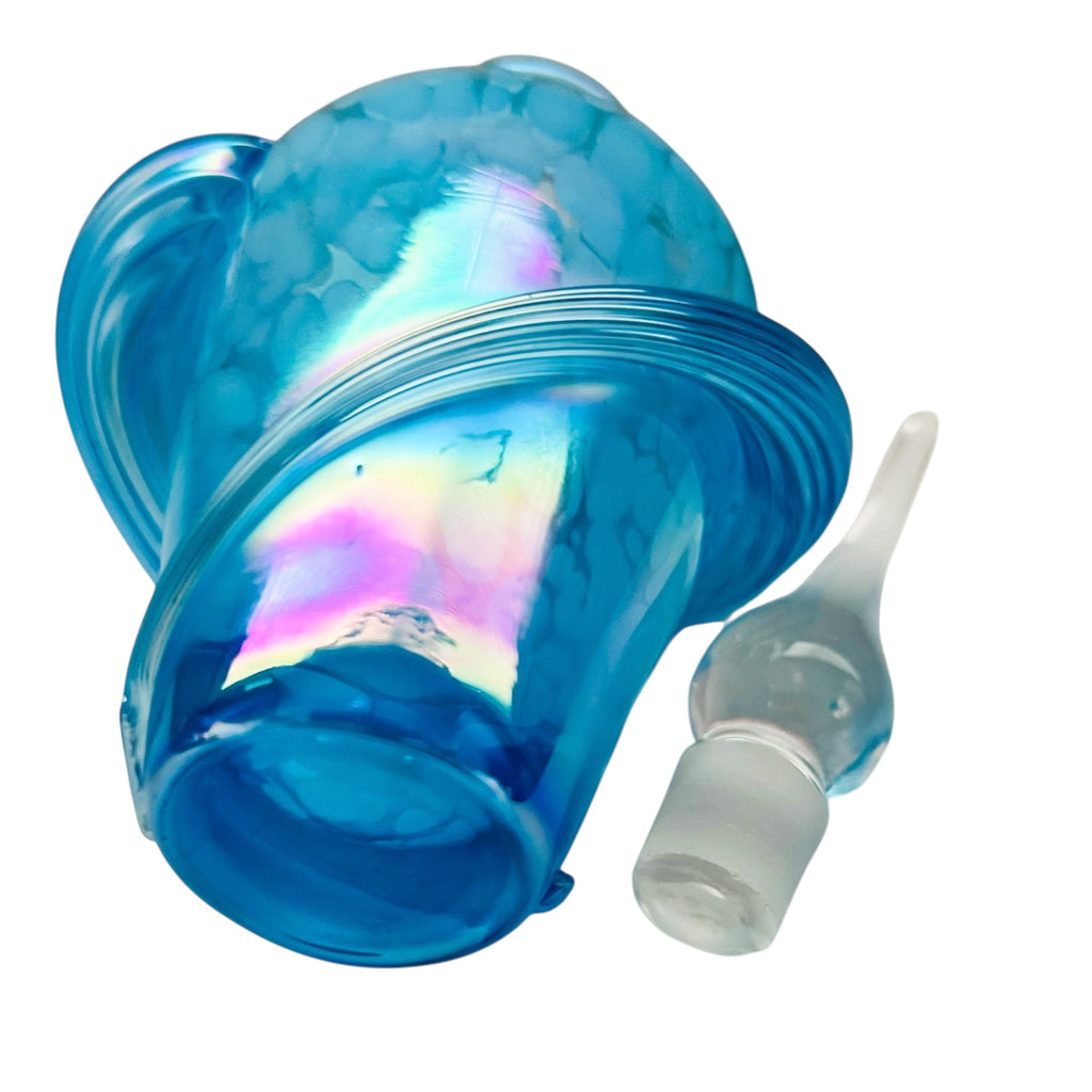 Vintage Blue Glass Iridescent Perfume Bottle Swirls w/ Glass Stopper