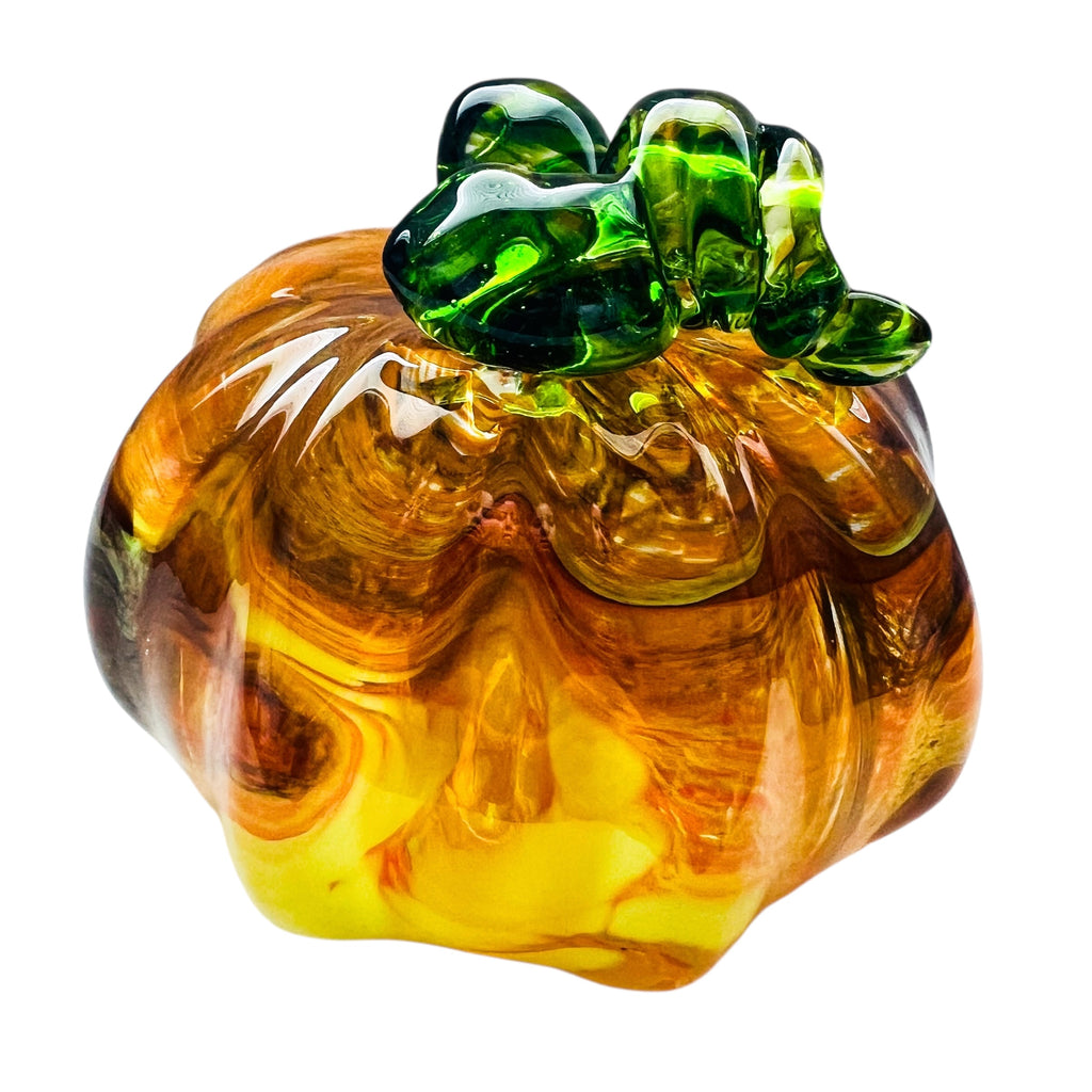 Pumpkin Art Glass Swirled Green Leaf Paperweight