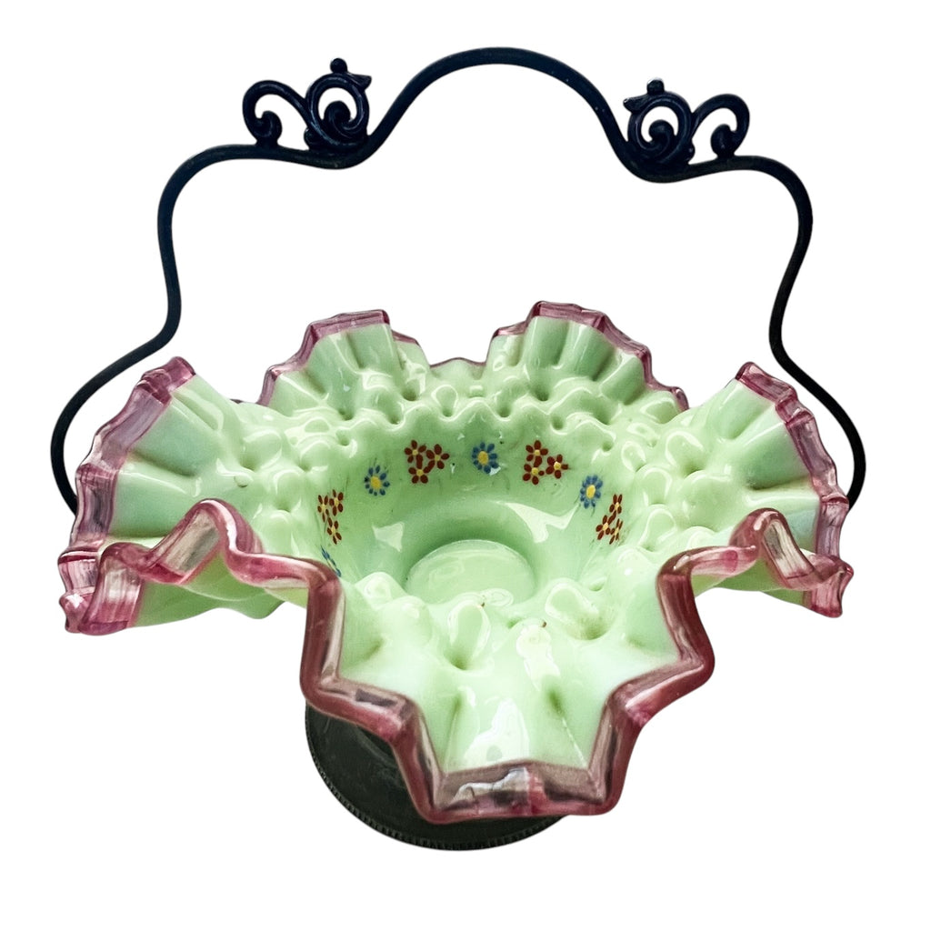 Antique Bridal Bowl With Holder St.Louis Silver Co Cased Glass Hand Painted Floral Design Ruffled Trim Basket
