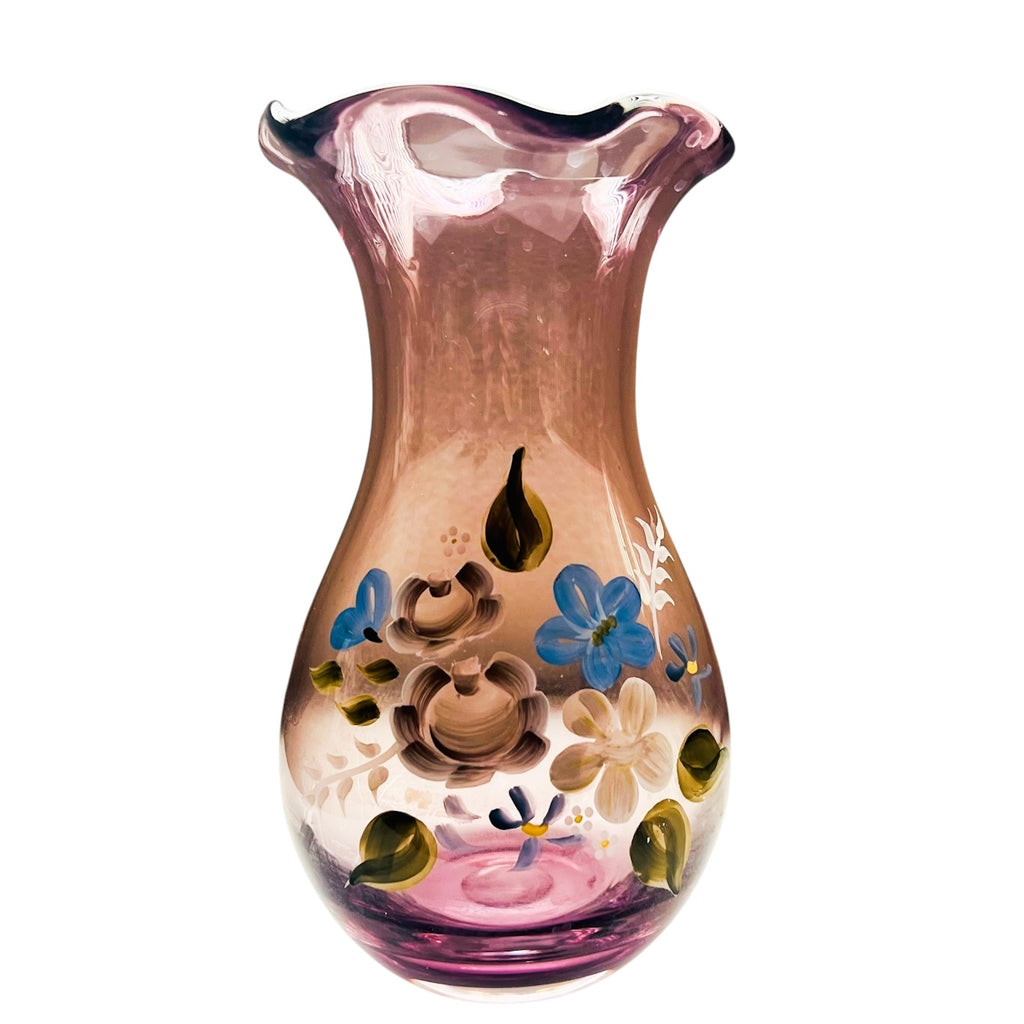 Fenton Teleflora Floral Hand Painted Ruffled Edge Vase