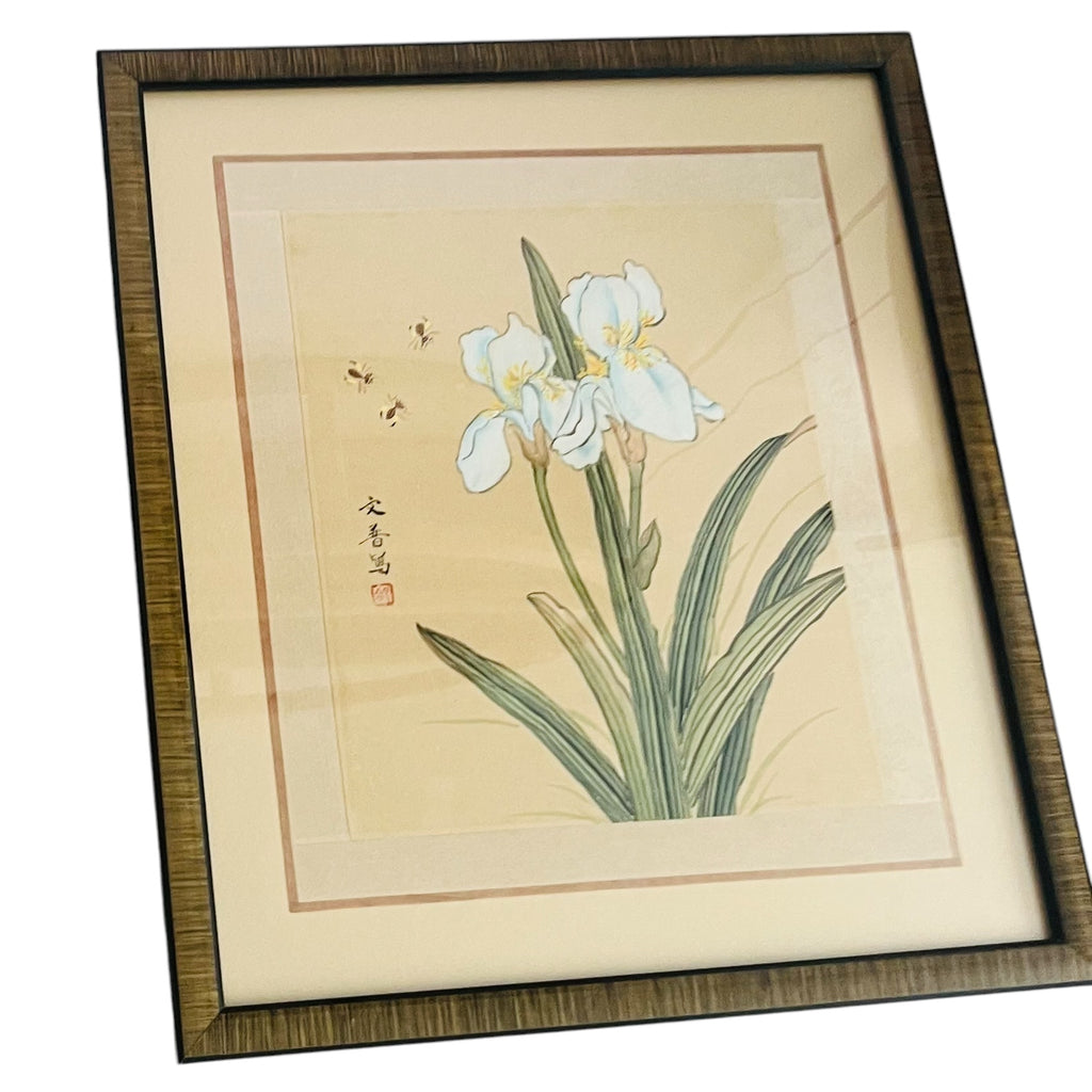 Chinese Watercolor Gouache Floral Butterfly Paintings in Gold Frame Pair