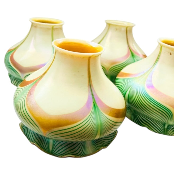 Antique Steuben Decorated Art Glass Shades with Green Feathering Trimmed in Gold Aurene Set of 4