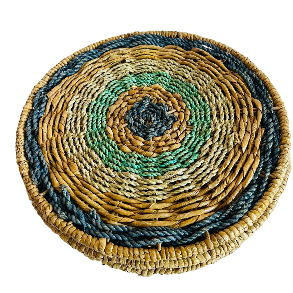 Handwoven Round Seagrass Placemats with Green & Navy Accents (Set of 4)
