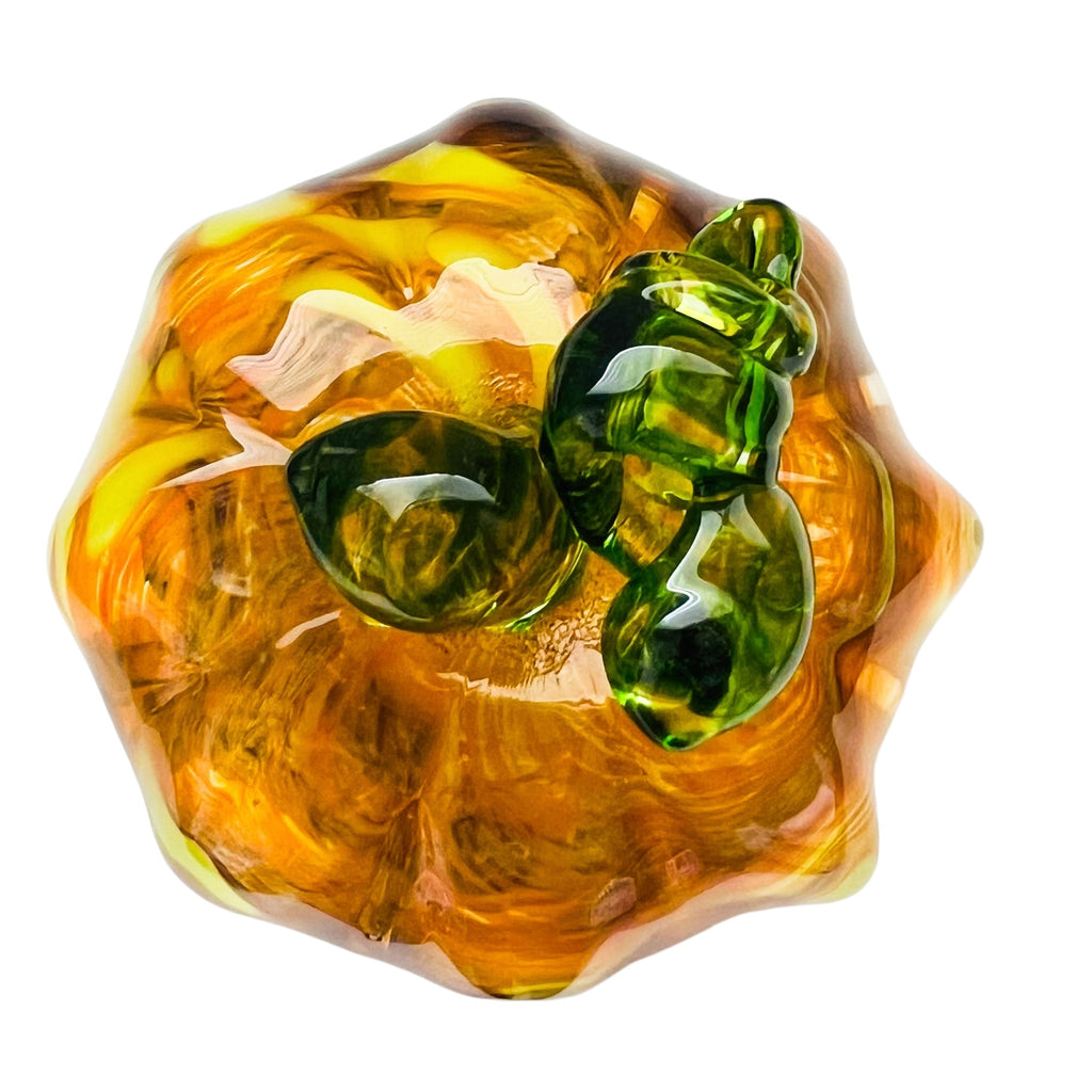 Pumpkin Art Glass Swirled Green Leaf Paperweight