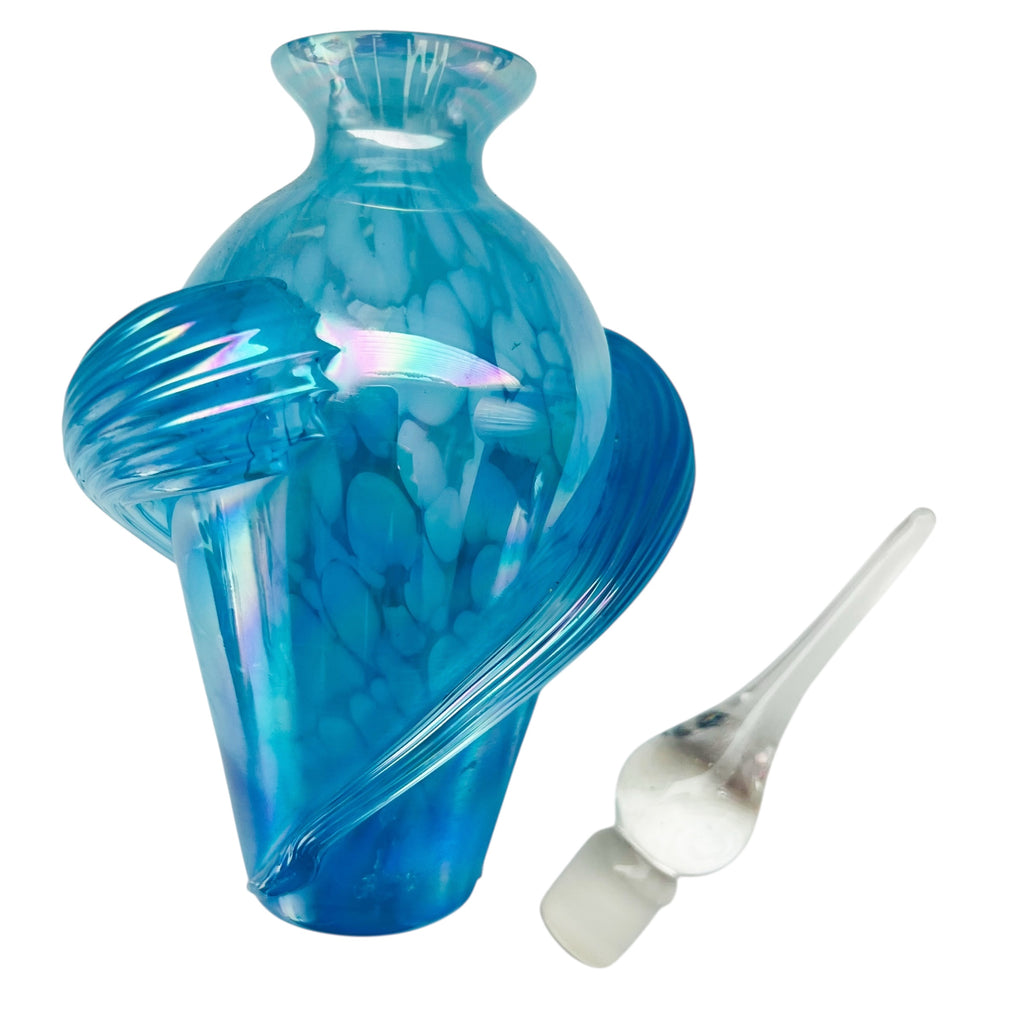 Vintage Blue Glass Iridescent Perfume Bottle Swirls w/ Glass Stopper
