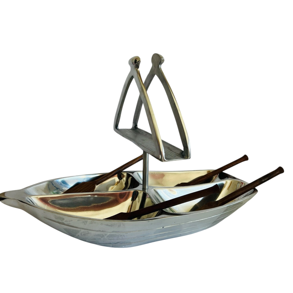 Godinger Rowboat Serving Bowl Napkin Holder & Mini Wooden Oar Serving Spoons