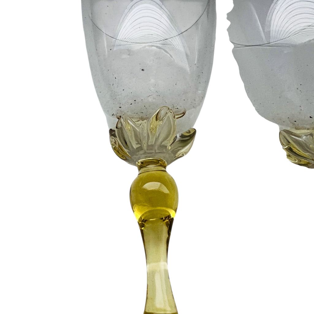 Vintage Amber Yellow Clear Stem Glasses Set of 3