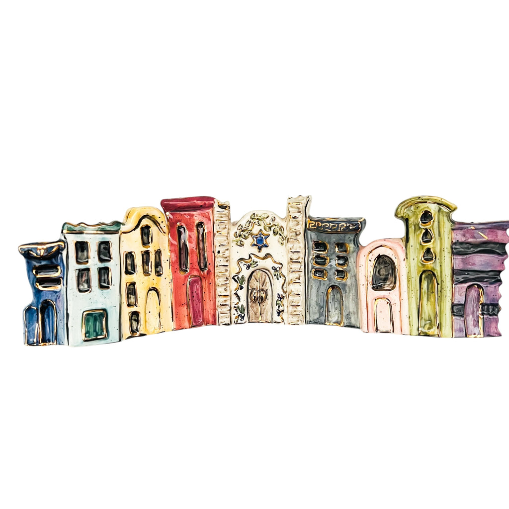 Vintage Blue Sky Clayworks Heather Goldminc 2000 Ceramic Happy Hanukkah Menorah Candle Holder