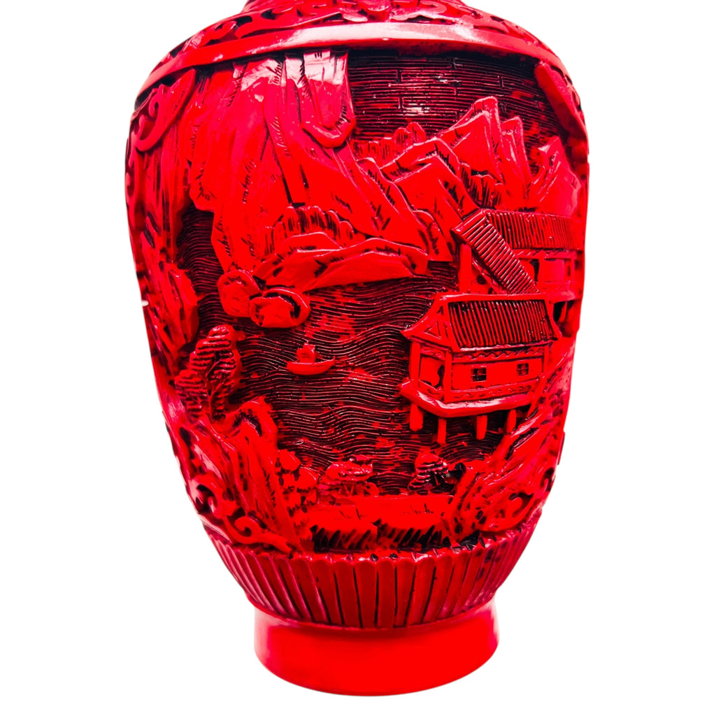 Vintage Chinese Carved Lacquer Cinnabar Village Scene Vase