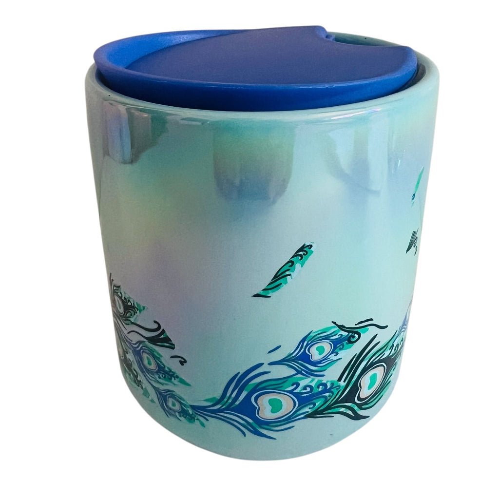 Starbucks Christmas Holiday Iridescent Peacock Ceramic Cup with Lid