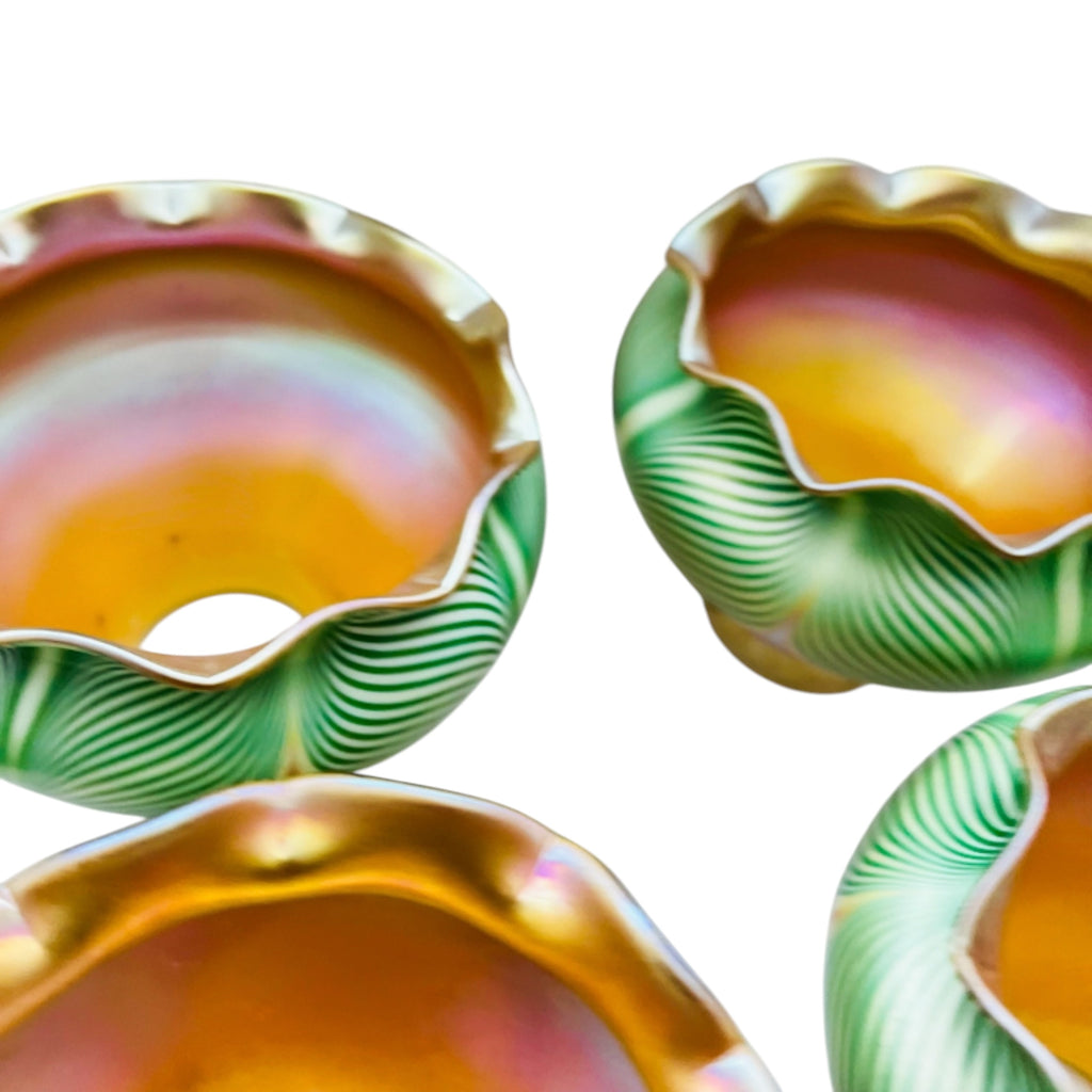 Antique Steuben Decorated Art Glass Shades with Green Feathering Trimmed in Gold Aurene Set of 4
