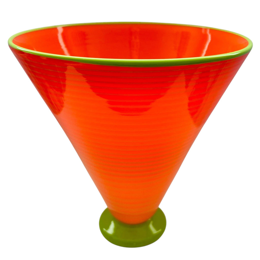 Mid‑Century Modern Lime Green Rim Orange Art Glass Signed Vase