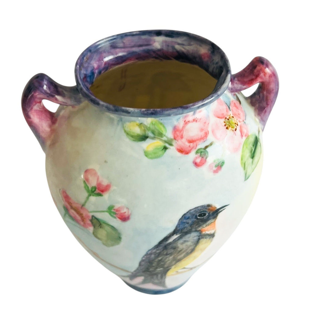 Vintage Hand Painted Birds Two-Handled Japan Vase