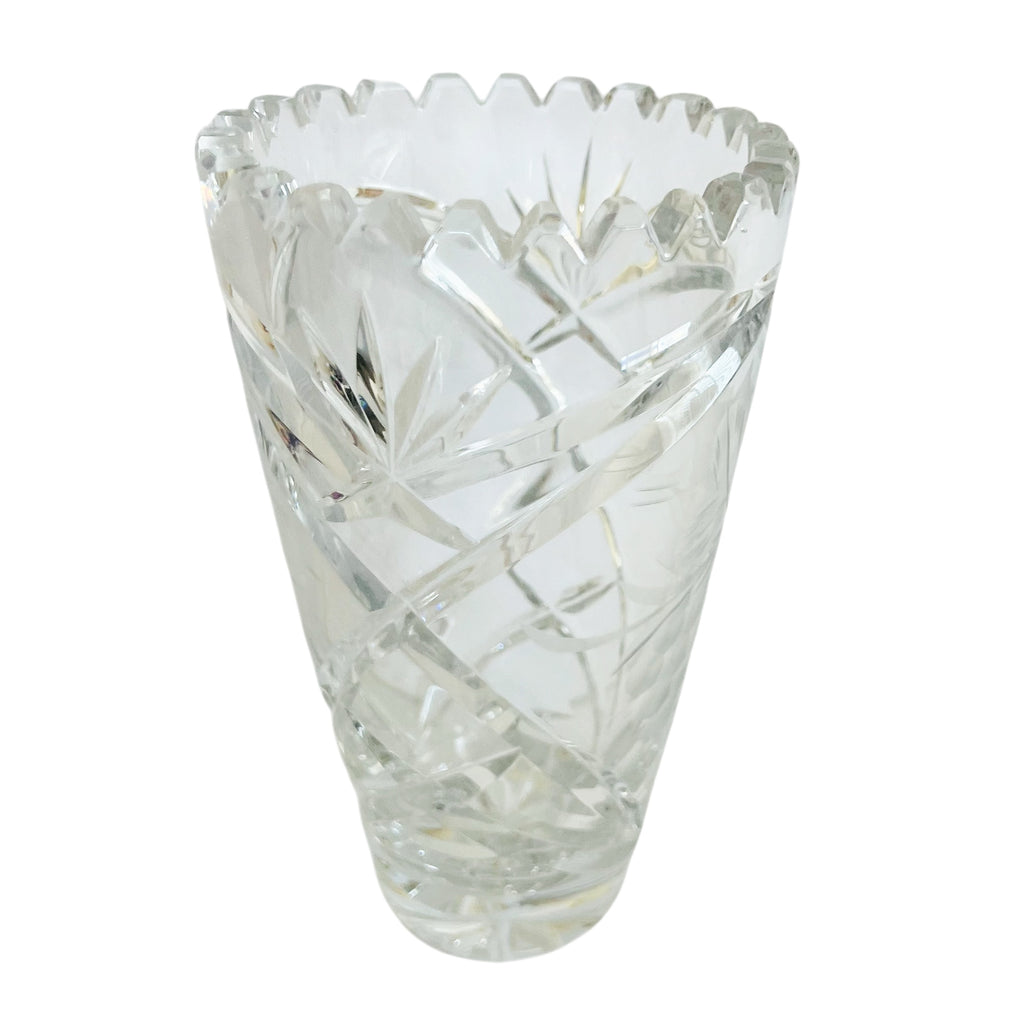 Vintage Lead Crystal Etched Grapes Saw Tooth Edge Vase
