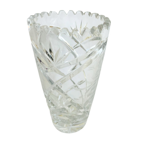 Vintage Lead Crystal Etched Grapes Saw Tooth Edge Vase