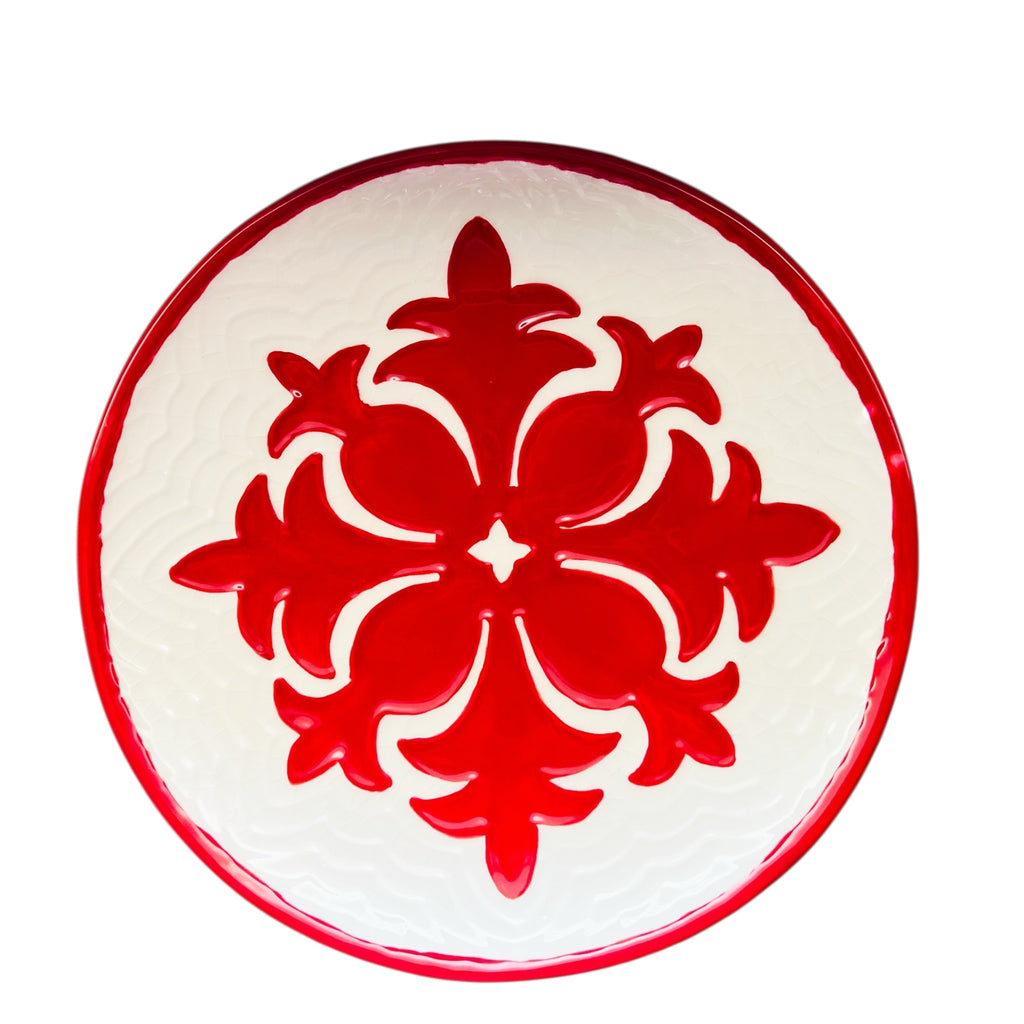 Hawaii Bananna Patch Studio Medallion Glazed Round Ceramic Red and White Plate