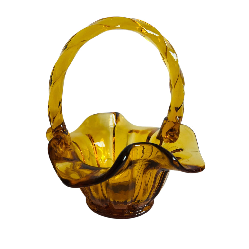 Vintage Fenton Art Glass Autumn Gold Crimped and Ribbed Basket