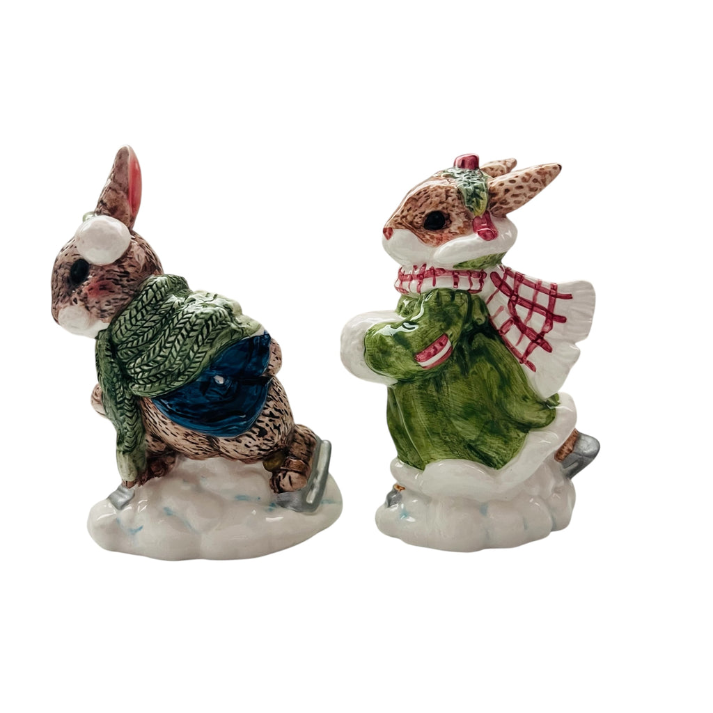 Vintage Enesco Ice Skating Rabbits Priscilla Hillman Bunny Salt & Pepper Set