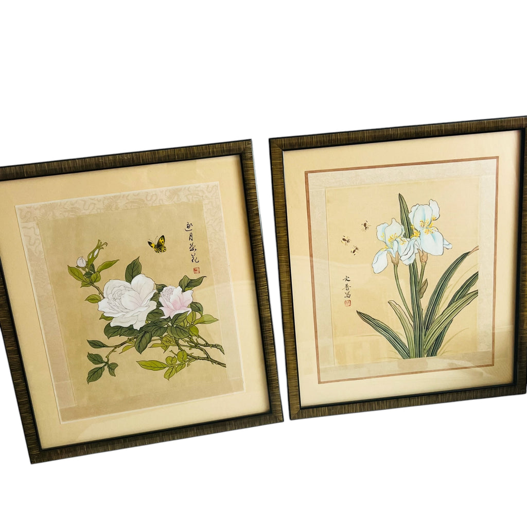 Chinese Watercolor Gouache Floral Butterfly Paintings in Gold Frame Pair