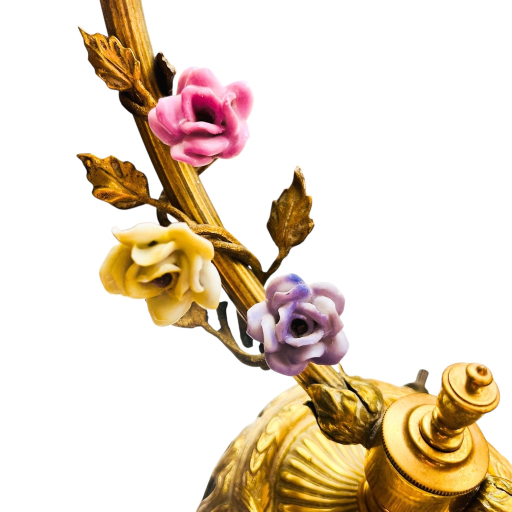 Vintage French Ormolu Porcelain Flowers Tole Toleware Boudoir Gold Circle Lamp